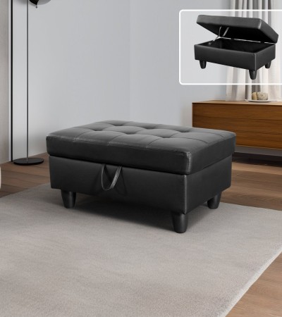 Black Faux Leather Storage Ottoman