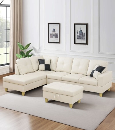 White Faux Leather 3-Piece Couch Living Room Sofa Set - Facing Left/With Ottoman