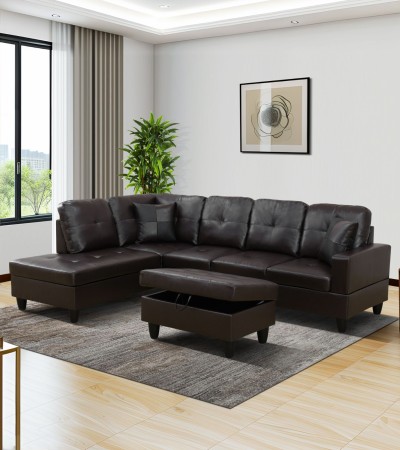 Brown Faux Leather 3-Piece Couch Living Room Sofa Set - Facing Left/With Ottoman