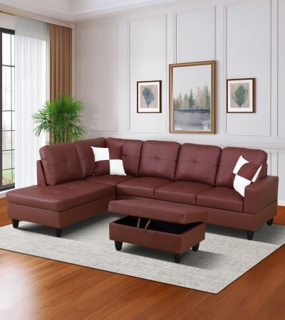 Dark Red Faux Leather 3-Piece Living Room Sofa Set - Facing Left/With Ottoman