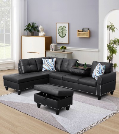 Black Faux Leather Synthetic Leather 3-Piece Sofa Set - Facing Left/With Ottoman