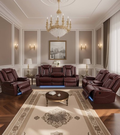 Brown Breathing Leather 3-Piece Living Room Recliner Sofa Set - 3PCS