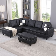 Black Faux Leather 3-Piece Sofa Living Room Sofa Set - Facing Left/With Ottoman