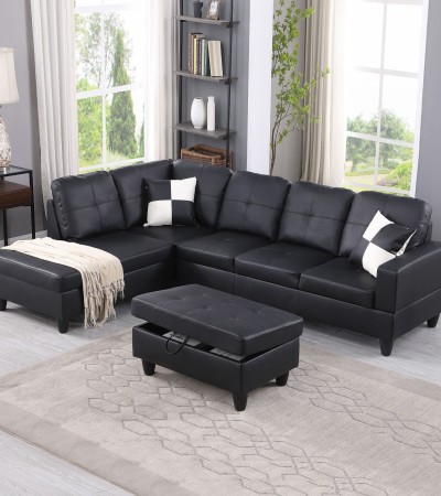 Black Faux Leather 3-Piece Sofa Living Room Sofa Set - Facing Left/With Ottoman