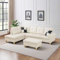 White Faux Leather 3-Piece Couch Living Room Sofa Set - Facing Left/With Ottoman