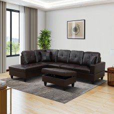 Brown Faux Leather 3-Piece Couch Living Room Sofa Set - Facing Left/With Ottoman
