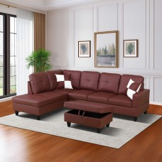 Dark Red Faux Leather 3-Piece Living Room Sofa Set - Facing Left/With Ottoman