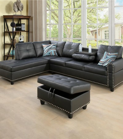 Ainehome Modern Black Faux Leather L-Shaped Sectional Sofa Set with Storage Ottoman and Nailhead Trim - Facing Left/With Ottoman