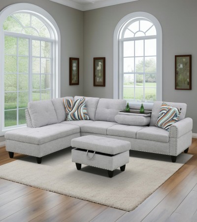 Ainehome Modern Grey White L-Shaped Sectional Sofa Set with Storage Ottoman and Built-in Cup Holders - Facing Left/With Ottoman