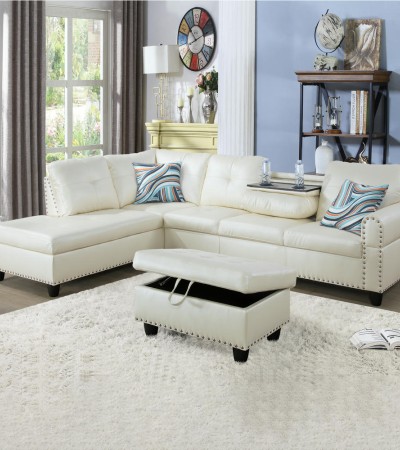 Ainehome Luxury White Faux Leather L-Shaped Sectional Sofa Set with Storage Ottoman and Nailhead Trim - Facing Left/With Ottoman