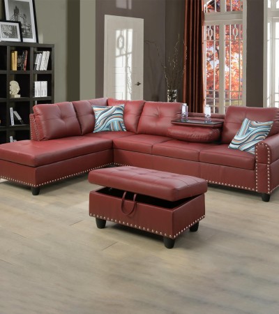 Ainehome Bold Red Faux Leather L-Shaped Sectional Sofa Set with Storage Ottoman and Nailhead Trim - Facing Left/With Ottoman