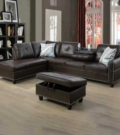 Ainehome Classic Brown Faux Leather L-Shaped Sectional Sofa Set with Storage Ottoman and Nailhead Trim - Facing Left/With Ottoman