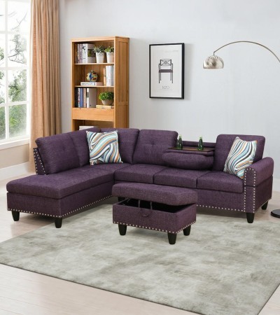 Ainehome Modern Amaranth Purple L-Shaped Sectional Sofa Set with Storage Ottoman and Nailhead Trim - Facing Left/With Ottoman