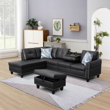 Black Faux Leather Synthetic Leather 3-Piece Sofa Set - Facing Left/With Ottoman
