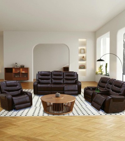 Ainehome Luxury Brown Power Reclining Sofa Set with Ambient LED Lighting & Wireless Charging - 3PCS