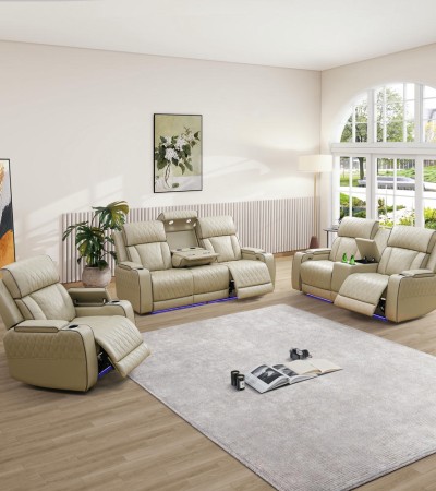 Ainehome Elegant Beige Power Reclining Sofa Set with Reading Lamps, LED Lighting & Wireless Charging - 3PCS