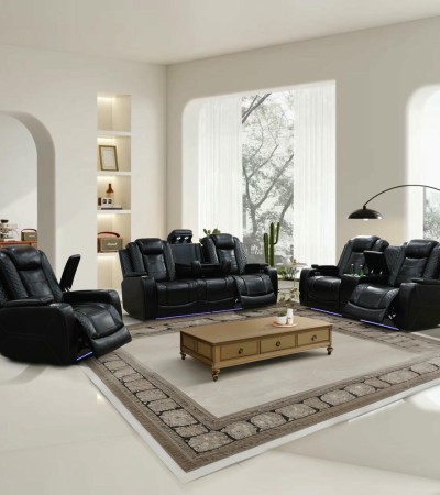 Ainehome Modern Black Power Reclining Sofa Set with Ambient LED Lighting, Reading Lamps & Wireless Charging - 3PCS