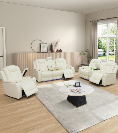 Ainehome Modern Pure White Power Reclining Sofa Set with LED Lighting & Wireless Charging - 3PCS