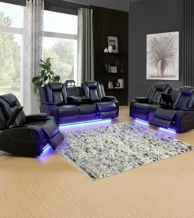 Ainehome Luxury Black Power Reclining Sofa Set with Diamond Stitching, LED Lighting & Wireless Charging - 3PCS