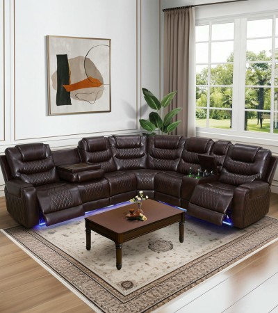 Ainehome Luxury Dark Red Power Reclining Sectional Sofa Set with Ambient LED Lighting & USB Charging