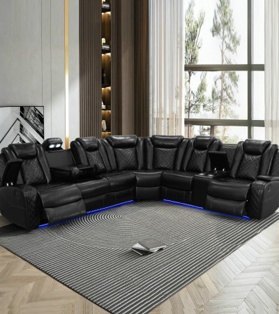 Ainehome Luxury Black Power Reclining Sectional Sofa Set with Wireless Charging LED Lighting & Diamond Stitching