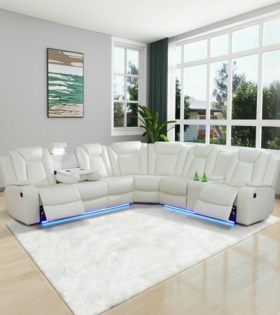 Ainehome Elegant Off-White Power Reclining Sectional Sofa Set with LED Lighting & Wireless Charging