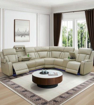 Ainehome Elegant Beige Power Reclining Sectional Sofa Set with Reading Lamps, Wireless Charging & LED Lighting