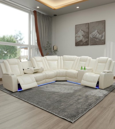 Ainehome Elegant Off-White Power Reclining Sectional Sofa Set with Wireless Charging & Ambient LED Lighting