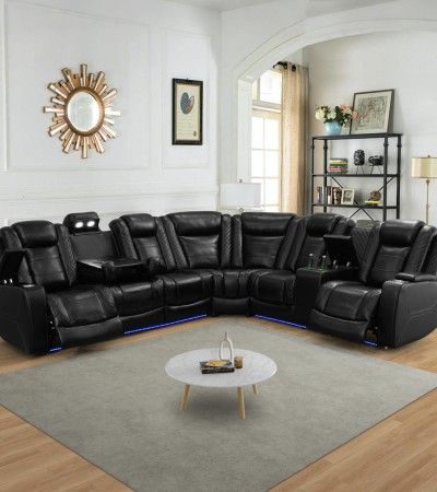 Ainehome Luxury Black Power Reclining Sectional Sofa Set with Wireless Charging, Ambient LED Lighting & 180° Flat Recline