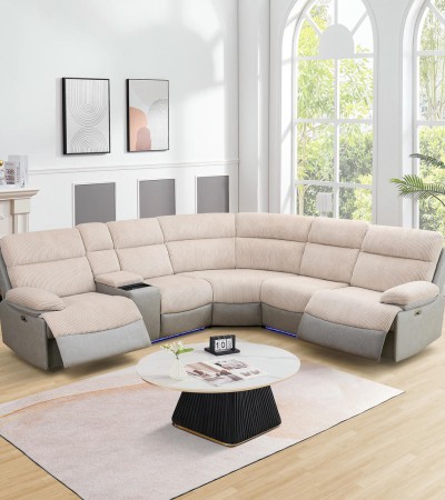 Ainehome Modern Two-Tone Off-White & Gray Power Reclining Sectional Sofa Set with Wireless Charging & LED Lighting