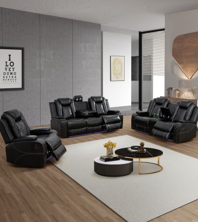 Black Breathing Leather 3-Piece Living Room Recliner Sofa Set - 3PCS