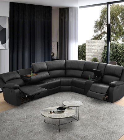 Black Breathable Semi PU Leather Living Room 3-Piece Recliner Functional Sofa Set - 3PCS