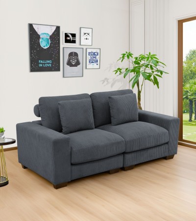 Dark Grey Corduroy Double Armrests Living Room 2-Piece Loveseat Sofa