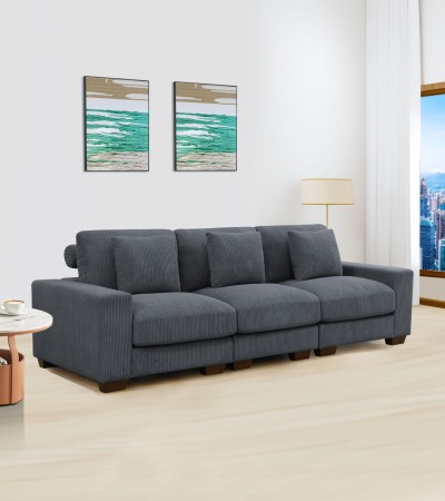 Dark Grey Corduroy Double Armrests Living Room 3-Piece Sofa
