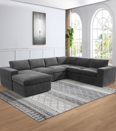 Dark Grey Corduroy 7-Piece Living Room Sofa Set
