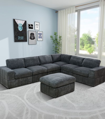 Dark Grey Corduroy 7-Piece Living Room Sofa Set
